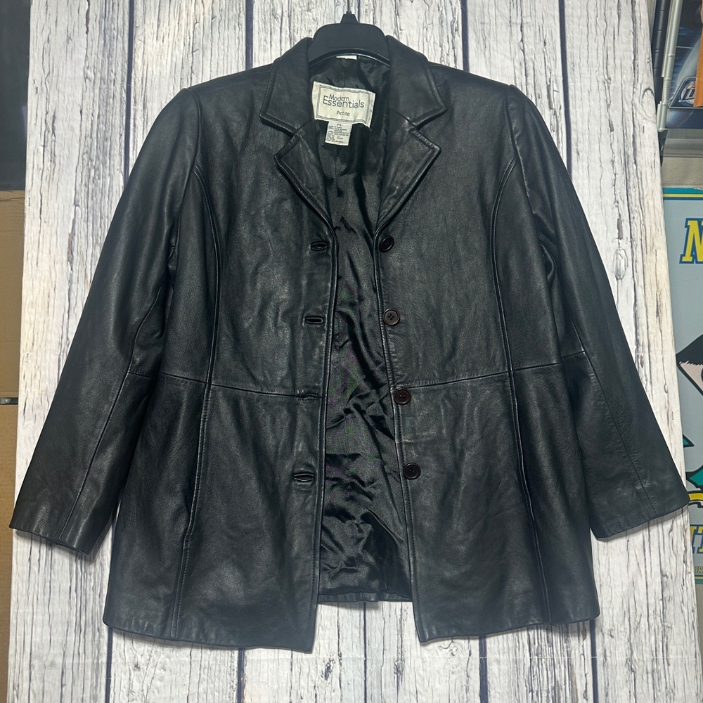 Vintage Modern Essentials Black Leather‎ Jacket Petite Large PL Button Close